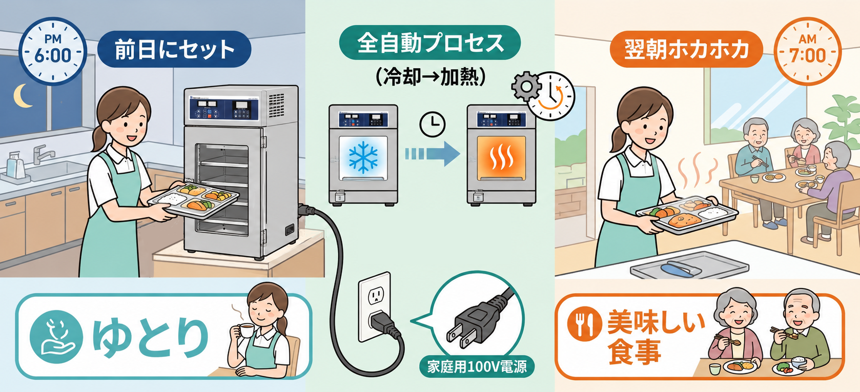 前日にセットし、冷却から加熱まで全自動。翌朝は温かい食事を提供できます